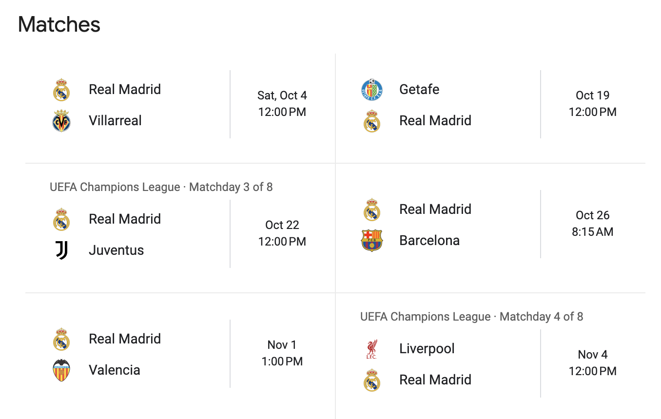 Real Madrid match schedule
