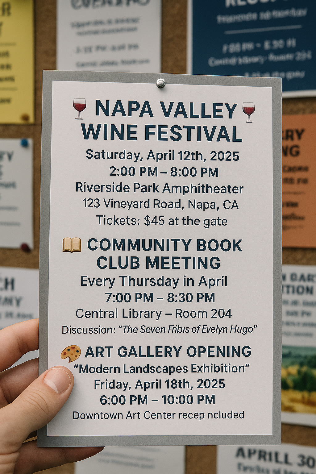Community bulletin board with event flyers